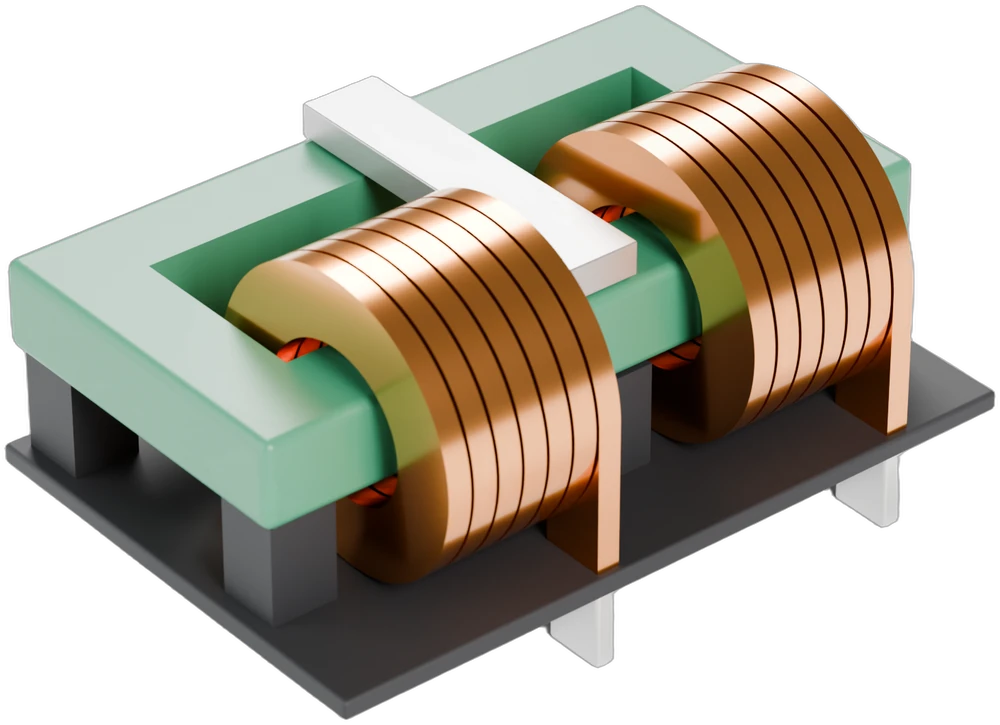 800 V integrated common-mode and differential-mode flat-wire choke, internal structure (3D render)