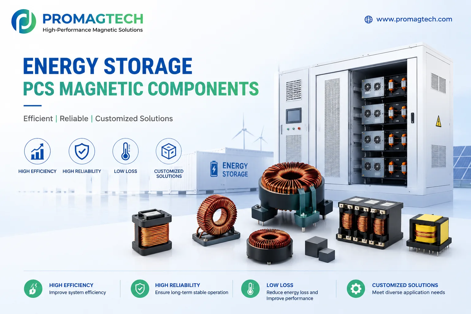 Energy storage PCS magnetic components white paper with inductors, transformers and PCS cabinet