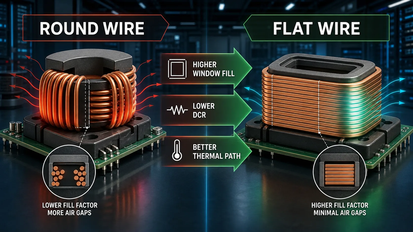 Round wire and flat wire magnetic component comparison for high power density systems